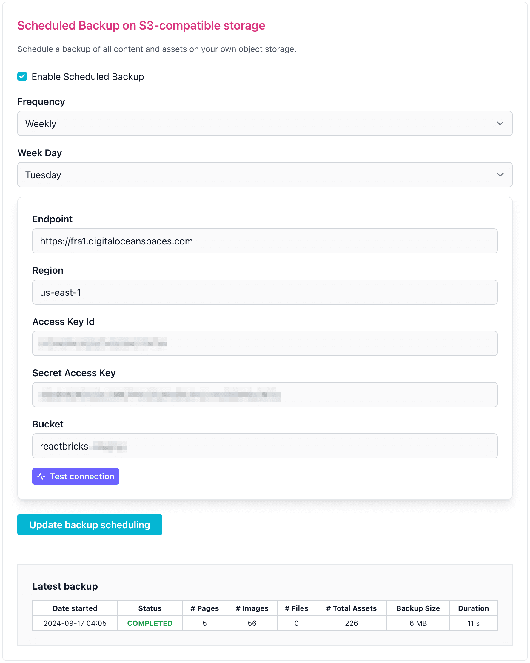 Scheduled backup on S3 configuration React Bricks