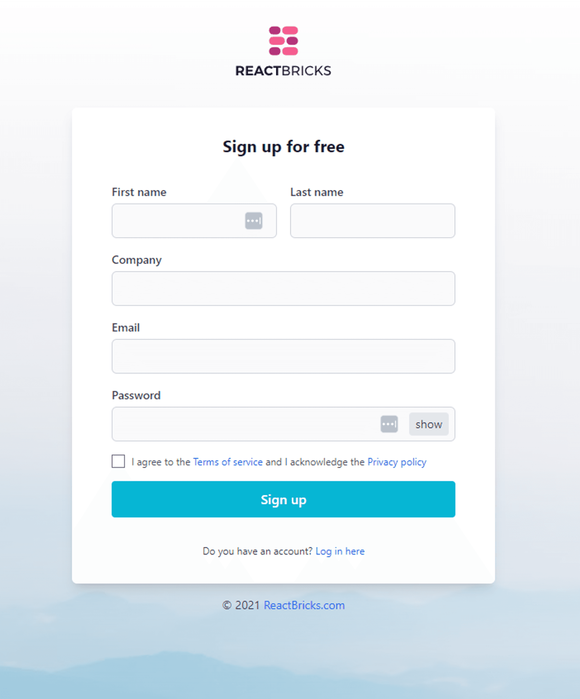 sign up - React Bricks sign up